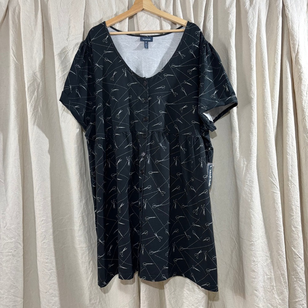 ModCloth Womens 4X Black Scissor Print Babydoll Dress Button Front Cotton Blend